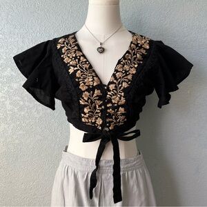 Vintage Embroidered Black Crop Top Boho Festival Folk Blouse Size S